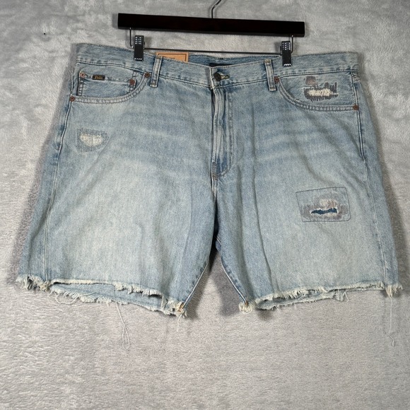 Ralph Lauren Jean Shorts Mens 40 Blue Patchwork Distressed Cutoff Sullivan Jorts - Picture 1 of 12